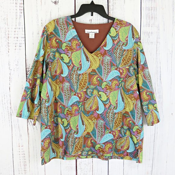 Brown and Aqua Paisley Leaf Floral Summer Fall Blouse.........425 - Picture 1 of 7